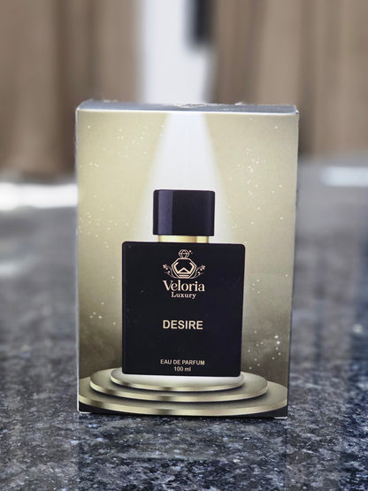 ‘DESIRE’ BY ‘veloria luxury’ is a woody oriental fragrance designed for Men. The scent opens with freash, sweet notes of apple, orange blossoms and leamon and roses. The base is a warm and sentual blend of Vanilla, Musk and Labdanum.