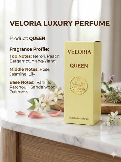 ‘QUEEN’ by ‘VELORIA LUXURY’ is a fragrance that aims to evoke a sense of freedom and confidence.  The fragrance ar