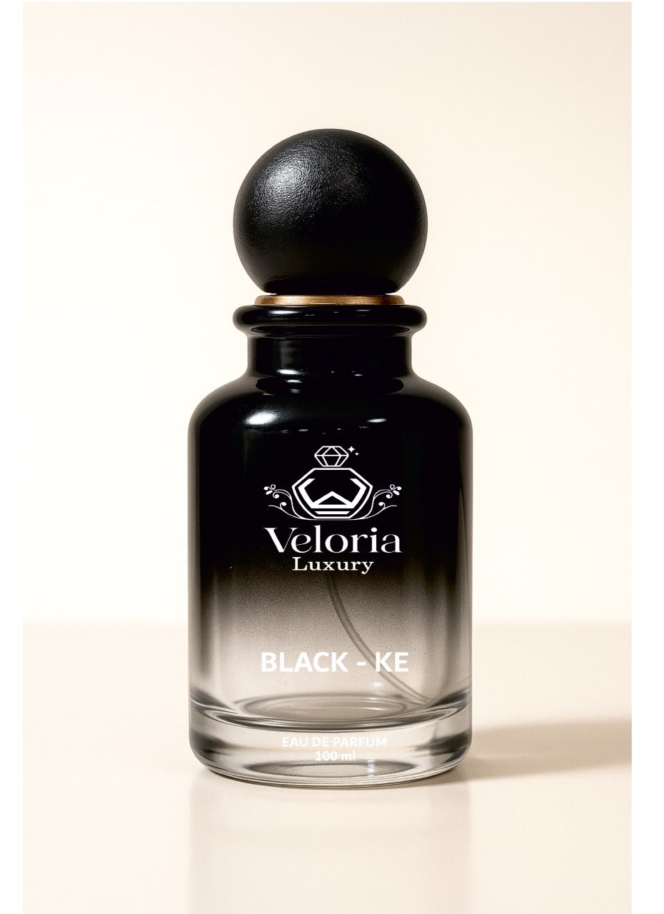 ‘BLACK - KE’ by ‘VELORIA LUXURY’ is a masculine, Oriental woody fragrance, known for its contrasting notes and rebellious spirit. It features a blend of fresh, spicy and warm notes, with a prominent praline and cinnamon heart