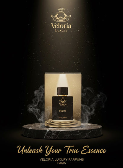 ‘DESIRE’ BY ‘veloria luxury’ is a woody oriental fragrance designed for Men. The scent opens with freash, sweet notes of apple, orange blossoms and leamon and roses. The base is a warm and sentual blend of Vanilla, Musk and Labdanum.