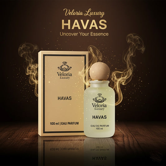 ‘Havas’ by ‘VELORIA LUXURY’ is an aromatic aquatic fragrance with a fresh, fruity opening and a warm,  woody dry down. It is known for its longevity and projection, making it a popular choice for those  seeking a bold and captivating scent.